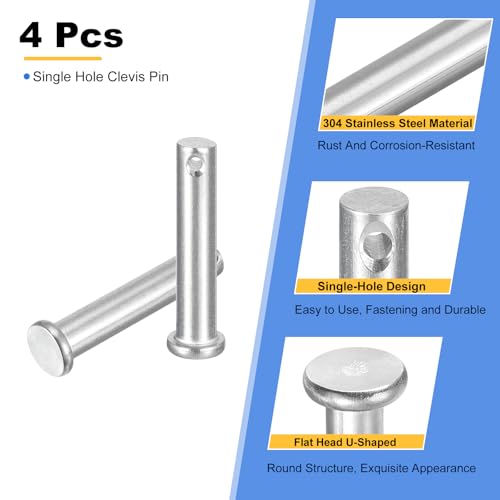 uxcell 4Pcs 3/8" x 2" Single Hole Clevis Pins, 304 Stainless Steel Flat Head Clevis Pins Hitch Pin for Trailer Latch, Mechanics Repair, Furniture Installation, Industrial Equipment - size: 3/8" x 2"