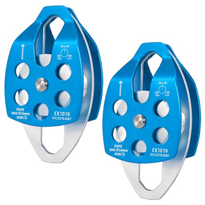 NewDoar CE Certified 30KN Large Rescue Single/Double Pulley with Swing Plate | Aluminum alloy 30kN/6746lb breaking strength,Fits rope up to 16mm ,Portable Ideal for rescue hauling & tree climbing - color: Blue-Double Pulley-2pc