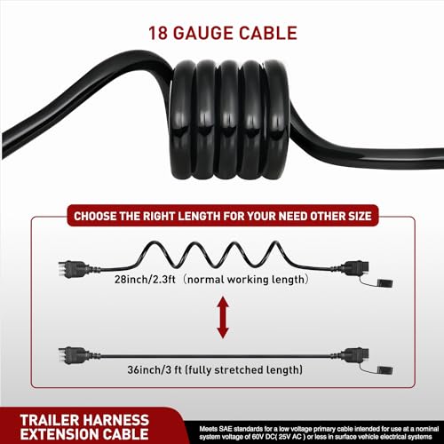 Nilight 4 Way Flat Trailer Coiled Extension Cable 3 Feet - color: 4 Way Coiled Jacket Cable 3 Feet
