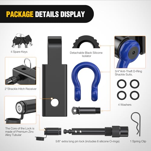 Nilight 3/4" Anti-Theft D Ring Shackle Hitch Receiver 2" Solid Towing Kit | 45000 LBs Breaking Strength 5/8" Trailer Hitch Lock Pin Heavy Duty Solid Towing Kit for Trucks Off Road Blue&Black - color: Hitch w/ Lock Pin Black Blue