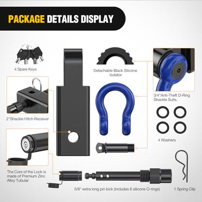 Nilight 3/4" Anti-Theft D Ring Shackle Hitch Receiver 2" Solid Towing Kit | 45000 LBs Breaking Strength 5/8" Trailer Hitch Lock Pin Heavy Duty Solid Towing Kit for Trucks Off Road Blue&Black - color: Hitch w/ Lock Pin Black Blue