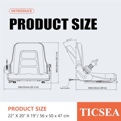Universal Forklift Seat, Tractor Seat with Safety Belt, Adjustable Back and Operator Position Switch,for Tractor,Excavator Skid Loader Backhoe Dozer Telehandler