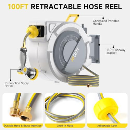 Retractable Garden Hose Reel, Water Hose Reel with 10 Pattern Metal Nozzle
