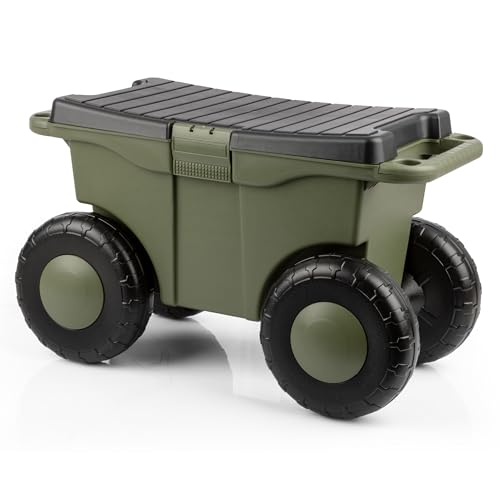 Pure Garden Rolling Garden Cart with Seat, Green - color: Green
