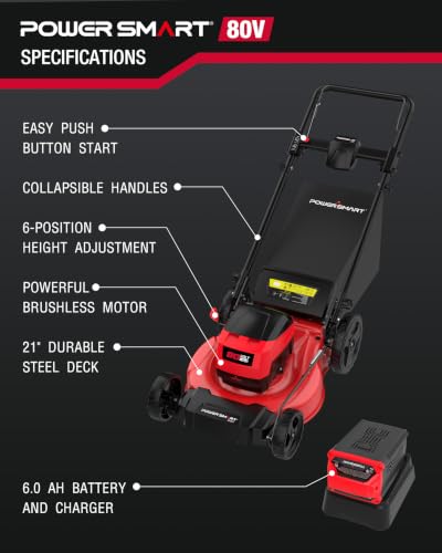 PowerSmart 80V 21-Inch Brushless Cordless Push Lawn Mower Steel Deck