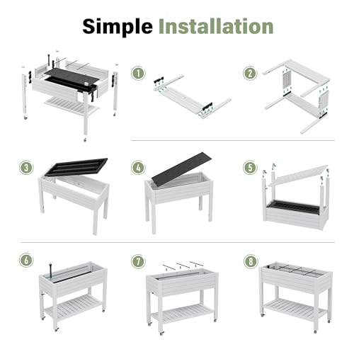 Raised Garden Bed with Shelf, Rolling Resin Planter Box, Ashen - color: Ashen, size: 33.7" H