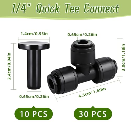 30 Pcs Quick 1/4" Drip Irrigation Tee Fittings with 10 End Plugs - size: 30PCS 1/4" Tee