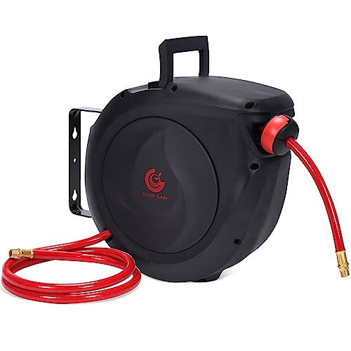 Air Hose Reel Retractable 50ft - Air Compressor Hose Reel 3/8in Hybrid Polymer Hose | 5IN Lead in with Brass Fittings | Ceiling/Wall 180° Swivel Mount Heavy Duty for Garage Workshop | Max 300 PSI, Red - color: Red-black