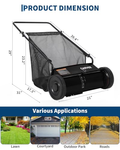 21" Push Lawn Sweeper, 6 Cu.Ft. Hopper, 3 V-Shaped Brushes, Height Adjustable - color: Black, size: 21in