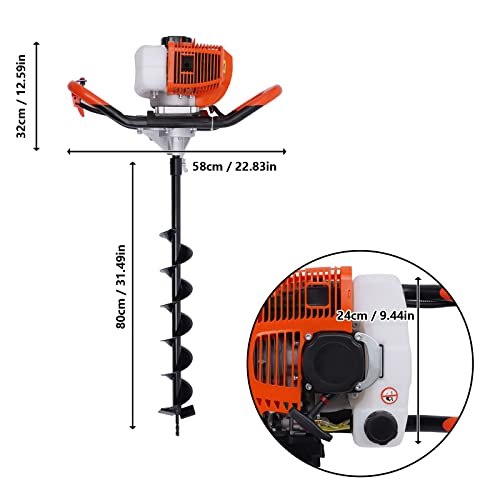 GDAE10 Fence Earth Auger,Petrol Borer 52cc 2-Stroke Post Hole Digger+Drill Bits 4" 6" 8" Bar Single Cylinder Air-Cooled System One Man Fence Earth Auger - style: 52CC-Red