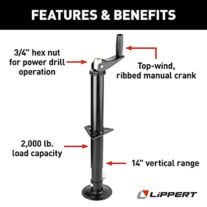 Lippert Quick Drop Tongue Jack for A-Frame Travel, Cargo, and Utility Trailers or 5th Wheel RVs, Black