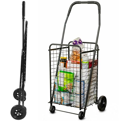 DMI Utility Cart with Wheels to be used for Shopping, Grocery, Laundry and Stair Climber Cart, Weighs 7.5 Pounds but holds up to 90 Pounds, Compact and Foldable, Black
