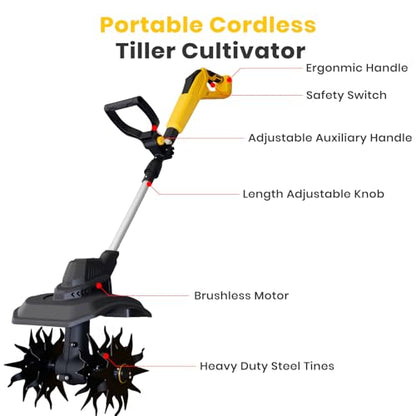 Cordless Tiller Cultivator Compatible with Dewalt 20V Battery(Tool Only), 9-Inch Tilling Width, 6.6-Inch Depth 360RPM Electric Brushless Tiller Garden Rototiller for Lawn/Gardening/Soil Cultivation