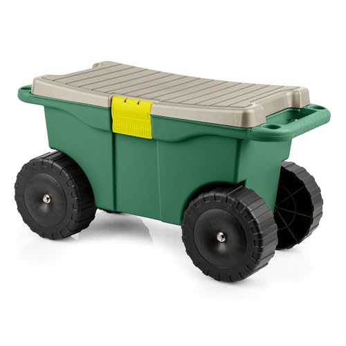 Rolling Garden Cart with Seat - Plastic Storage with Bench and Interior Tool Tray - Gardening Stool for Weeding and Planting By Pure Garden (Green) - color: Dark Green/Black/Grey