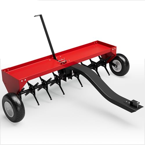 40-Inch Tow Behind Aerator with Universal Hitch, Heavy Duty Plug Aerator for Lawn Tractor ATV, 24 Steel Tines, MAX 150lb Weight Tray & Inflatable Wheels for Lawn, Yard, Garden Care - color: 48 inch-Red