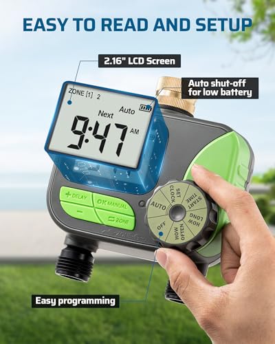 DEWENWILS 2-Zone Outdoor Hose Timer, Rain Delay & Manual Control for Lawn - color: 2 Zone - Gray&green