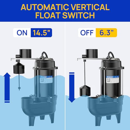 Acquaer 1/2 HP Submersible Sewage Pump 6000 GPH Auto Vertical Float Switch - color: Deep Black