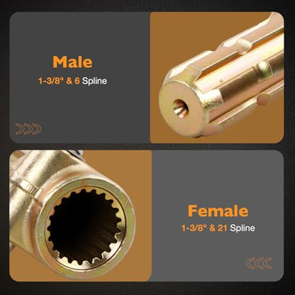 PTO Extender Adaptor, Female 21 Spline & 1-3/8", Male 6 Spline & 1-3/8"