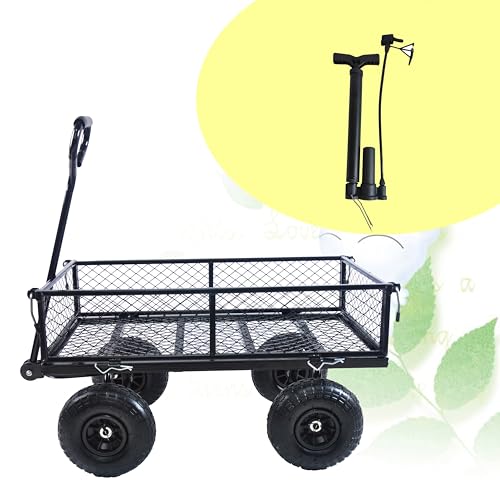 Wagon With Removable Sides for Farms, Warehouses - Garden Dump Cart With Air Wheels (Black) - Essential for Your Dream Garden - color: Black Air Wheels