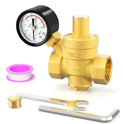 3/4 inch Brass Water Pressure Regulator, with Gauge 0-220PSI, DN20 Adjustable Pressure Reducing Valve, Ideal for pipe fitting