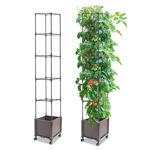Quibbay Raised Garden Bed Planter Box with Trellis, 74" Self-Watering Tomato Planters for Climbing Plants Vine Flowers Outdoor Patio, Tomatoes Cage with Wheels, 1Pack - size: 5 Floors-11.8*11.8*74IN