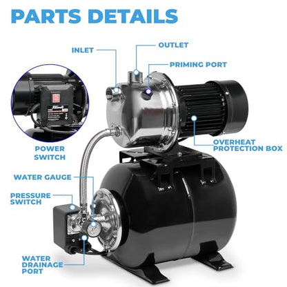XtremepowerUS 1.6HP Shallow Well Pump with Pressure Tank, 1320GPH, 115V, Pressure Switch, Automatic Water Booster Jet Pump for Home, Garden, Lawn - size: 1.6 HP with Pressure Tank (Black)