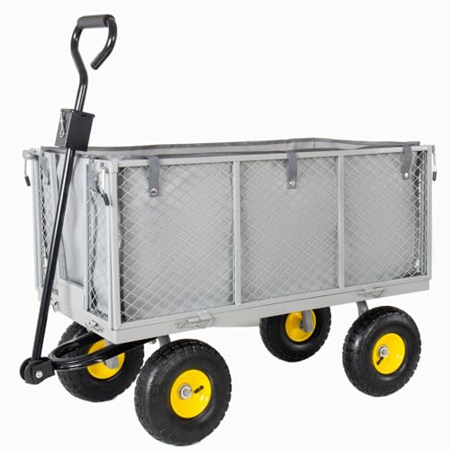 880LBS Capacity Steel Garden Dump Cart Oversized Heavy Duty, Utility Wagon All-Terrain Wheels Metal Flatbed Hauler Removable Liner Tray (Gray) - color: Gray