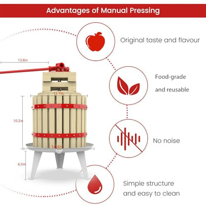 3.2 Gallon Fruit and Wine Press, Manual Cider Press with Solid Beech Wood Basket - color: Red, size: 3.2 Gallon