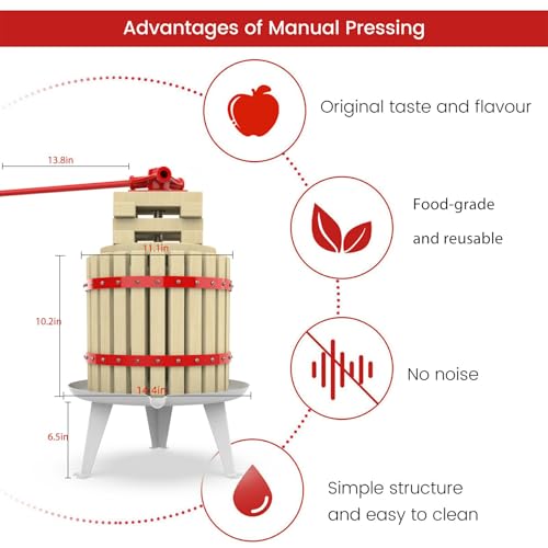 3.2 Gallon Fruit and Wine Press, Manual Cider Press with Solid Beech Wood Basket - color: Red, size: 3.2 Gallon
