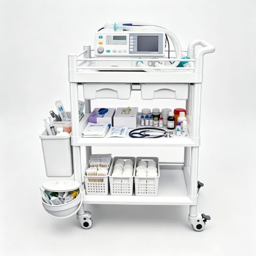 3 Tier Storage Cart with Dual Drawers, ABS Bins and PU Casters