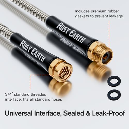 Rosy Earth 25ft Stainless Steel Garden Hose, Heavy Duty Metal Water Hose with 8 Functional Ultra-Wide Nozzle, No-Kink Outdoor Hoses Flexible Tough Water Hose Sprayer for Yard, RV - size: 25FT