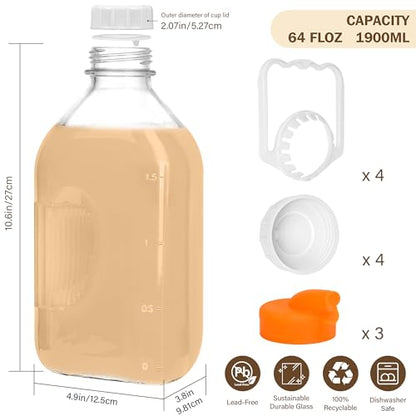 KMIGRUAN 64oz Glass Milk Bottle with Lid, 4 Pack 2QT Glass Milk Container - style: 4Pack