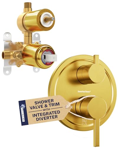 HammerHead Showers Solid Metal Two-Handle Shower Valve and Trim Kit, Volume and Temperature Control with Integrated Diverter, Pressure Balance Rough-In Valve Included, Brushed Gold - color: Brushed Gold