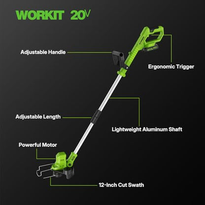 WORKIT Electric Weed Wacker Cordless, 20V Weed Eater Edger Lawn Tool - size: 12 Inch-2*2.0Ah Battery
