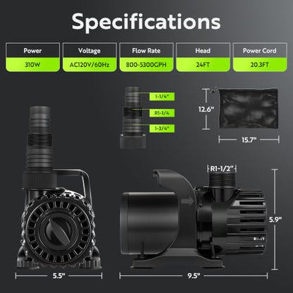 310W Pond Pump, Adjustable Flow 800~5,300GPH Submersible Water Pump - size: 310W