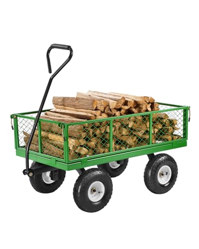 VEVOR 900 Lbs Steel Garden Cart on Wheels, Heavy Duty Pullable Garden Wagon Yard Cart, Outdoor Metal Utility Wagon with 10" Tires and Mesh Removable Sides(Convert to Flatbed), and 180°Rotating Handle - color: Black+green