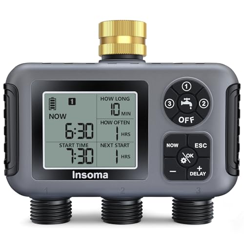 Insoma Water Timer with Brass Inlet, 3 Independent Zones Outdoor Hose Timer for Garden Faucet with Auto/Manual/Rain Delay Mode, IPX5 Waterproof, Sprinkler Irrigation Controller for Yard Lawn - size: 3-Zones