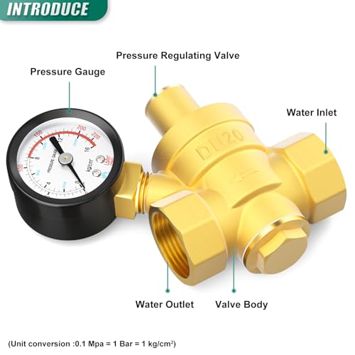 3/4 inch Brass Water Pressure Regulator, with Gauge 0-220PSI, DN20 Adjustable Pressure Reducing Valve, Ideal for pipe fitting