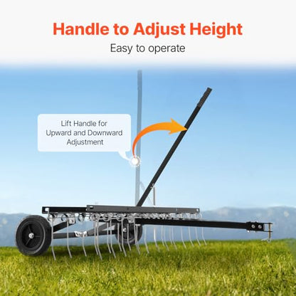 VEVOR Tow Behind Dethatcher, 48-inch Tow Dethatcher with 24 Spring Steel Tines, Lawn Dethatcher Rake for ATV or Mower, Tow Behind Lawn Rake with Lift Handle for Garden Farm Grass - style: 48" ATV Rake