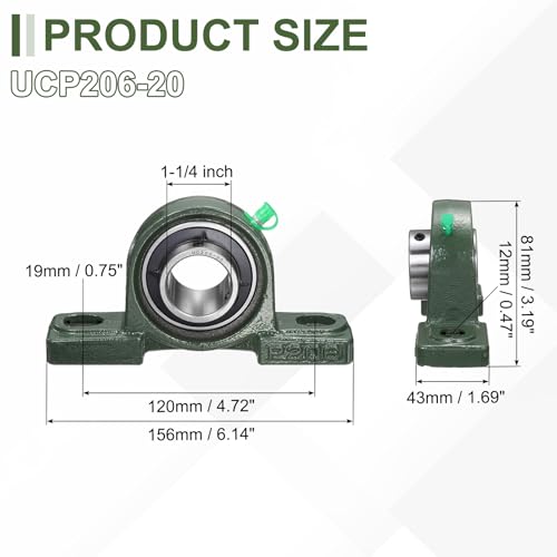 uxcell UCP206-20 Pillow Block Bearings, 1-1/4 inch Bore Self Alignment, Solid Cast Iron Base, Chrome Steel Flange Mounted Pillow Block Ball Bearing, (ABEC3) - size: UCP206-20 (Bore 1-1/4")