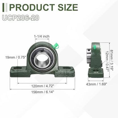 uxcell UCP206-20 Pillow Block Bearings, 1-1/4 inch Bore Self Alignment, Solid Cast Iron Base, Chrome Steel Flange Mounted Pillow Block Ball Bearing, (ABEC3) - size: UCP206-20 (Bore 1-1/4")