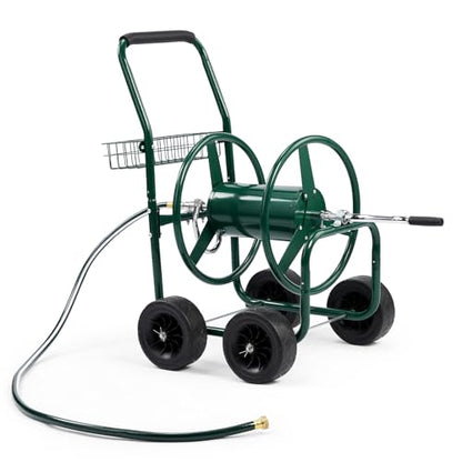VINGLI 300FT 5/8in Garden Hose Reel Cart, 4-Wheel Portable Residential Hose Reel Cart, Hose Guide System with Storage Basket, Rust Resistant, for Family Yard, Garden and Farm (Green) - color: Green