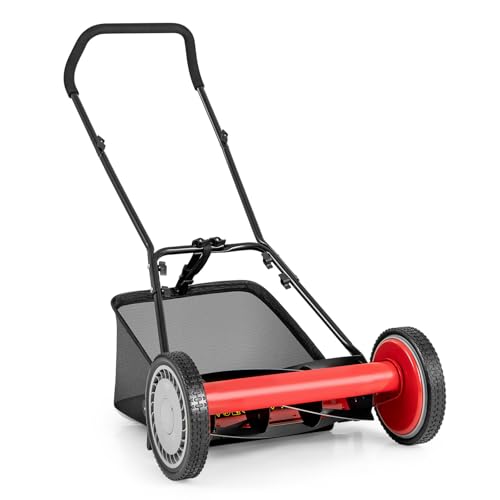 IRONMAX 16 Inch 5-Blade Push Reel Mower, Removable Grass Catcher, Red - color: Red, size: 16 Inch