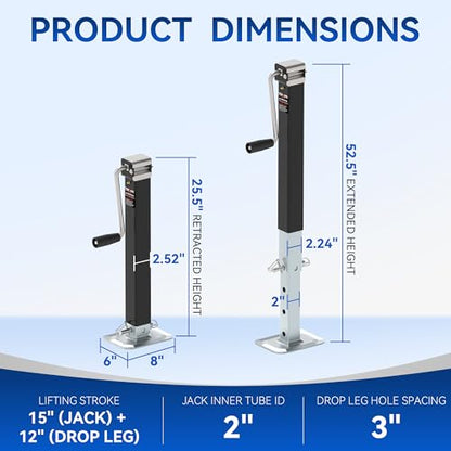 8000LBS Square Trailer Jack, 15" Lift, Heavy Duty Weld On Jack