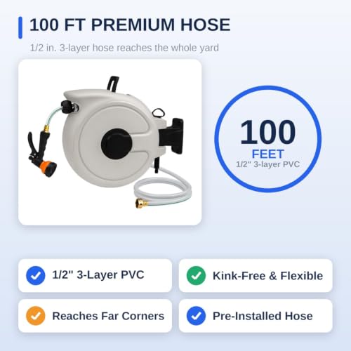 FEVONE Retractable Garden Hose Reel 100 ft, Auto Rewind
