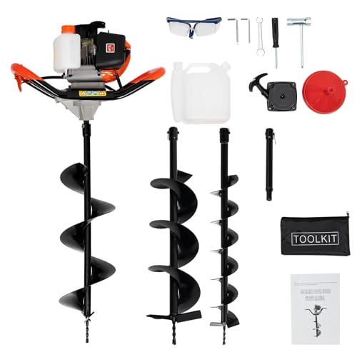Gas Powered Earth Auger, 52cc 2-Stroke Post Hole Digger with 4", 6", 8" Bits & 12" Extension Bar, Heavy Duty Posthole Diggers for Earth Burrowing Drilling & Post Hole Digging