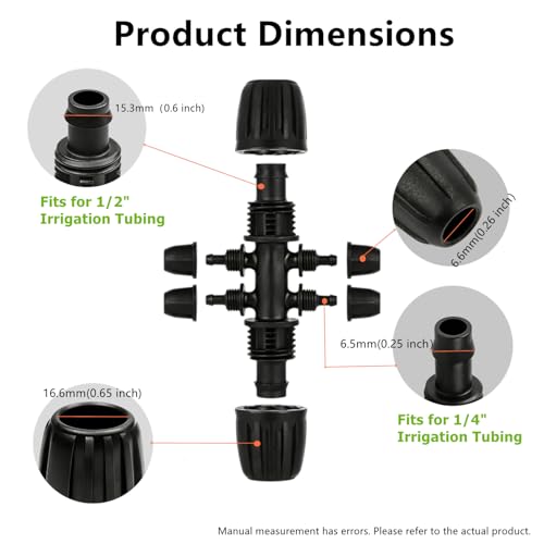 20 Pack 1/2” to 1/4” Barbed Tee Connector, Drip Irrigation Fittings 6-Way Splitter, Drip Line Reducer Connector for 1/2" Mainline to 1/4" Distribution Tubing, Garden Watering System Accessories - style: 1/2'' x1/4'' six-way tee （20）