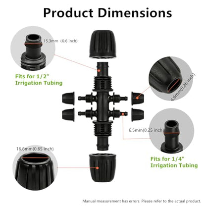 20 Pack 1/2” to 1/4” Barbed Tee Connector, Drip Irrigation Fittings 6-Way Splitter, Drip Line Reducer Connector for 1/2" Mainline to 1/4" Distribution Tubing, Garden Watering System Accessories - style: 1/2'' x1/4'' six-way tee （20）