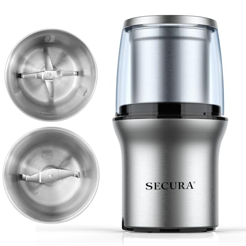 Secura Electric Coffee Grinder and Spice Grinder with 2 Stainless Steel Blades Removable Bowl | 2 Stainless Steel Blades Removable Bowls, For Spice, Coffee Bean, Dry and Wet Ingredients Grinding - color: Stainless, size: 2 removable bowl