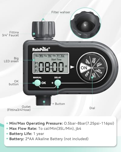 RAINPOINT Sprinkler Timer, Hose Timer with 3 Individual Programs, Water Timer for Garden Hose Faucet, Programmable Automatic/Manual Irrigation System, for Specific Days or Daily Outdoor Lawn Watering